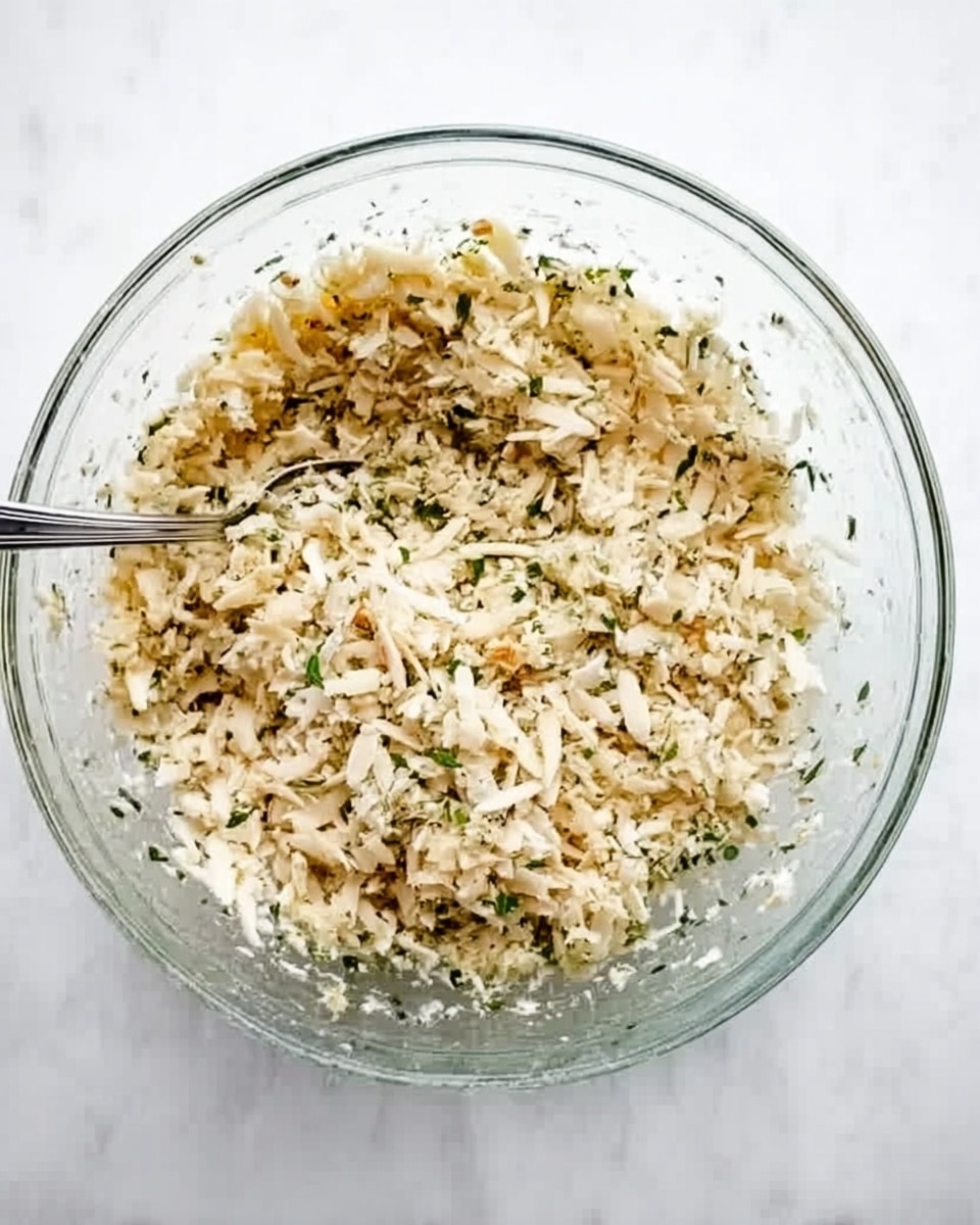 A clear glass bowl is filled with a mixture of shredded light beige pieces and small green herb bits, giving a fresh look. A silver spoon rests inside the bowl on the left side, partially submerged in the mix. The bowl sits on a white marbled surface which adds a clean and bright background to the image. The texture of the mixture looks soft with visible small flakes and bits scattered evenly. photo taken with an iphone --ar 4:5 --v 7
