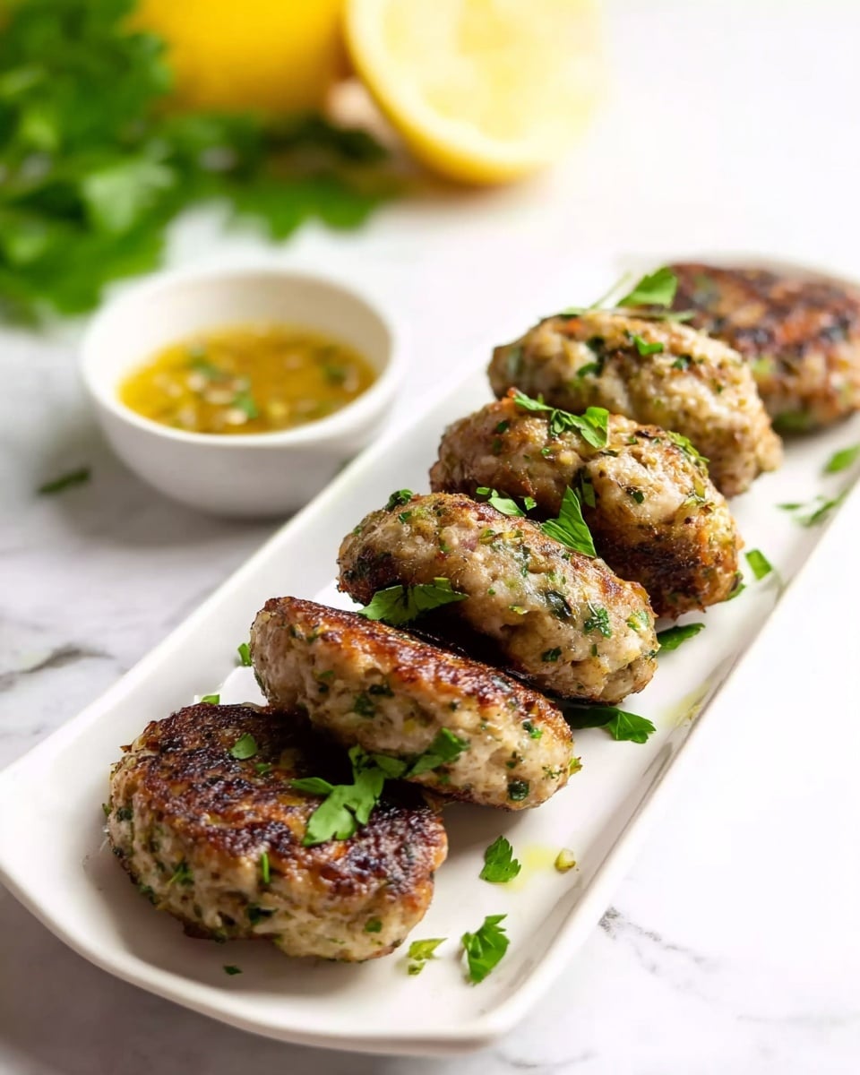 Five oval-shaped patties with a browned, crispy outside and visible green herbs are arranged in a row on a long white plate. The patties have a light beige color with green flecks throughout. Small pieces of fresh green herbs are scattered on and around the patties. To the side, there is a small white bowl with a yellowish sauce that has some herbs mixed in. The background is a white marbled surface with blurry green leaves and lemon halves in the distance. photo taken with an iphone --ar 4:5 --v 7