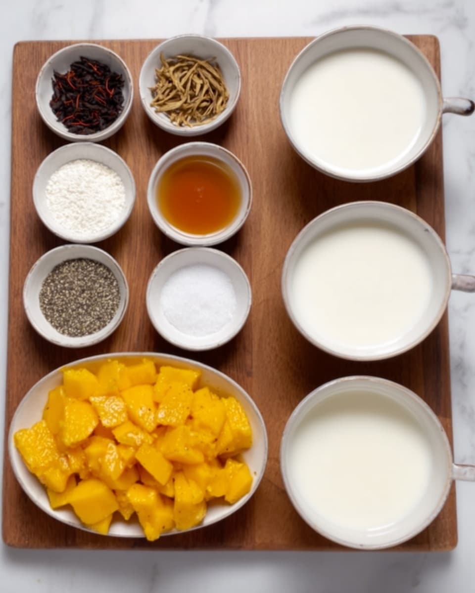 The image shows a wooden board with eight white bowls on a white marbled surface. The top row has five small white bowls containing saffron threads, black pepper, thin strips of a dried ingredient, white grainy sugar, and an amber liquid, from left to right. The bottom row has three larger white bowls filled with bright orange mango chunks, thick white liquid, and a smaller amount of the same white liquid, left to right. All bowls are neatly arranged in a row, showing a neat and clean setup in soft natural light. Photo taken with an iphone --ar 4:5 --v 7