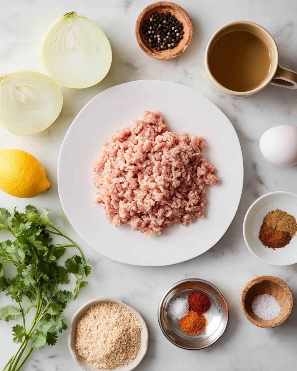 A white plate filled with pale pink ground meat sits slightly off-center on a white marbled surface. Around the plate are other ingredients: two halves of a yellow onion with white flesh, fresh green cilantro leaves, a whole white egg on a small silver dish, a halved yellow lemon, a small white dish with light brown breadcrumbs, a small wooden bowl with black peppercorns, a beige bowl with white salt, a ceramic cup of light brown liquid, and a small silver plate holding four different ground spices in shades of brown, red, and orange. The setup is clean and arranged neatly. Photo taken with an iphone --ar 4:5 --v 7