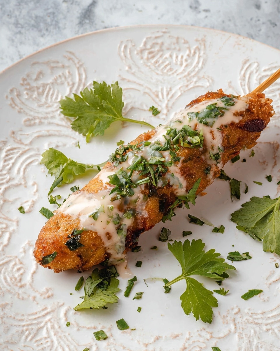 A single skewer of golden-brown fried food with small green herbs visible in the crispy texture sits on a white plate with delicate embossed patterns. The skewer is topped with a creamy white sauce and sprinkled with fresh chopped green herbs. Around the skewer, there are several fresh green herb leaves scattered on the plate. The plate is placed on a white marbled surface. photo taken with an iphone --ar 4:5 --v 7