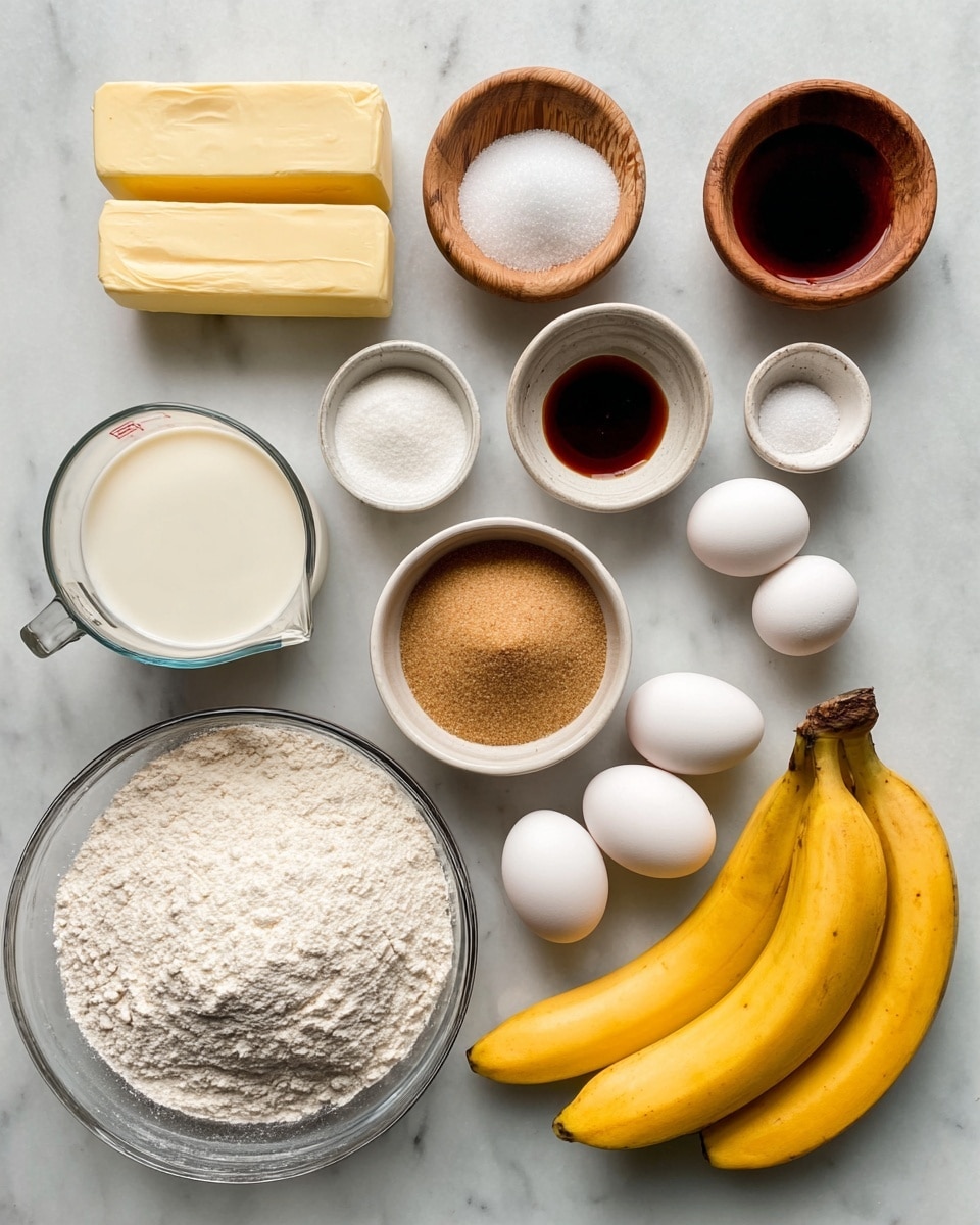 The image shows an overhead view of baking ingredients neatly arranged on a white marbled surface. Starting from the top, there are two sticks of butter laid horizontally near the center, and nearby is a small wooden bowl with white powder and another small wooden bowl filled with salt. Below them is a clear glass measuring cup filled with milk, placed on the left side. Next to it on the right is a small white bowl filled with granulated sugar and a tiny white bowl with baking soda. In the center is a round bowl filled with light brown sugar, with three white eggs placed to its right. Above the eggs, there is a small white bowl with dark vanilla extract, and at the bottom right corner are four ripe yellow bananas resting on the surface. At the bottom left, a large clear glass bowl packed with white flour completes the group. photo taken with an iphone --ar 4:5 --v 7