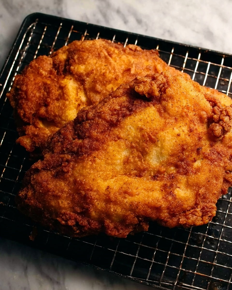 The image shows two pieces of fried chicken placed on a black wire rack. The chicken is golden brown with a crispy, slightly rough and crunchy texture, showing some darker spots from frying. The pieces overlap slightly, and the coating looks evenly cooked with a crunchy crust that hints at a well-seasoned batter. The wire rack is set against a white marbled surface. Photo taken with an iphone --ar 4:5 --v 7