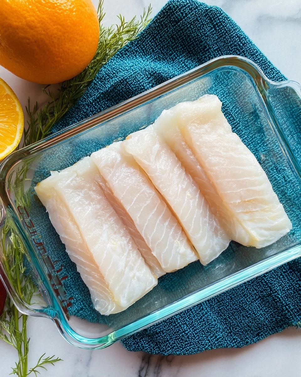 The image shows a clear glass rectangular dish placed on a white marbled surface with a blue textured cloth underneath. Inside the dish, there are five pieces of raw white fish fillets aligned side by side, with a smooth and slightly shiny texture. To the left side of the dish, part of an orange fruit and some green herbs are visible. The overall scene is bright and clean with natural light. photo taken with an iphone --ar 4:5 --v 7