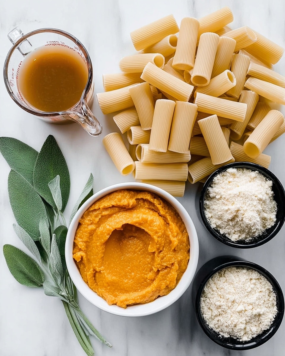 The image shows cooking ingredients on a white marbled surface. There is a pile of dry rigatoni pasta in the center with its light beige color and hollow tubes. In front of the pasta, there is a white bowl filled with thick, smooth orange pumpkin puree. To the left of the bowl, fresh green sage leaves lay flat on the surface. Behind the pasta pile, a clear glass measuring cup contains light brown broth with a glossy surface. To the right side, there are two black measuring cups filled with dry white flour and grated cheese, placed close together. A small white bowl filled with soft off-white butter sits partially visible near the top right corner. photo taken with an iphone --ar 4:5 --v 7