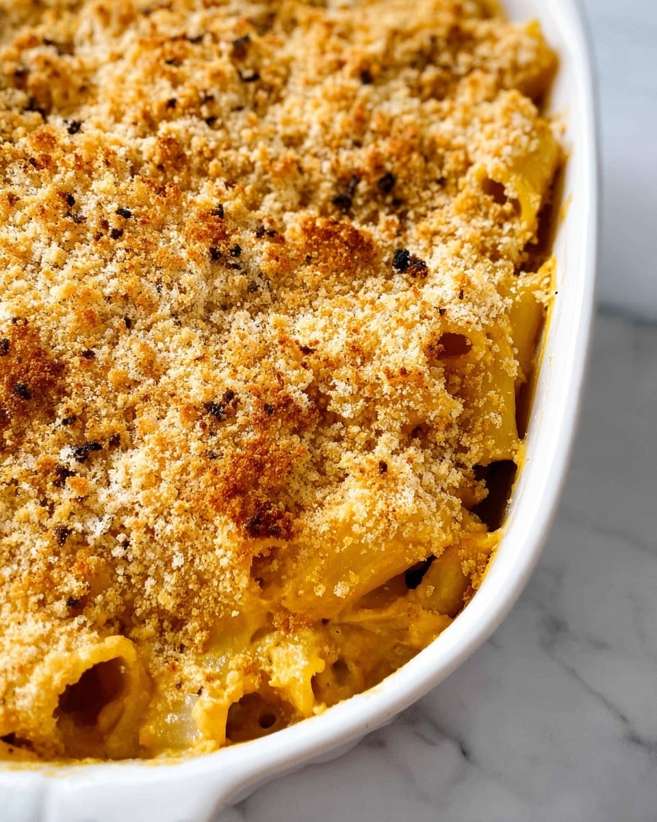 This image shows a close-up of baked pasta in a white dish, with a thick top layer of golden-brown crunchy breadcrumbs covering a creamy, orange cheese sauce with pasta tubes underneath. The top layer has a coarse, crumbly texture with small browned spots, and the pasta beneath appears soft and coated evenly with the cheese sauce. The dish is set on a surface with a white marbled texture, giving a clean and bright look. Photo taken with an iphone --ar 4:5 --v 7