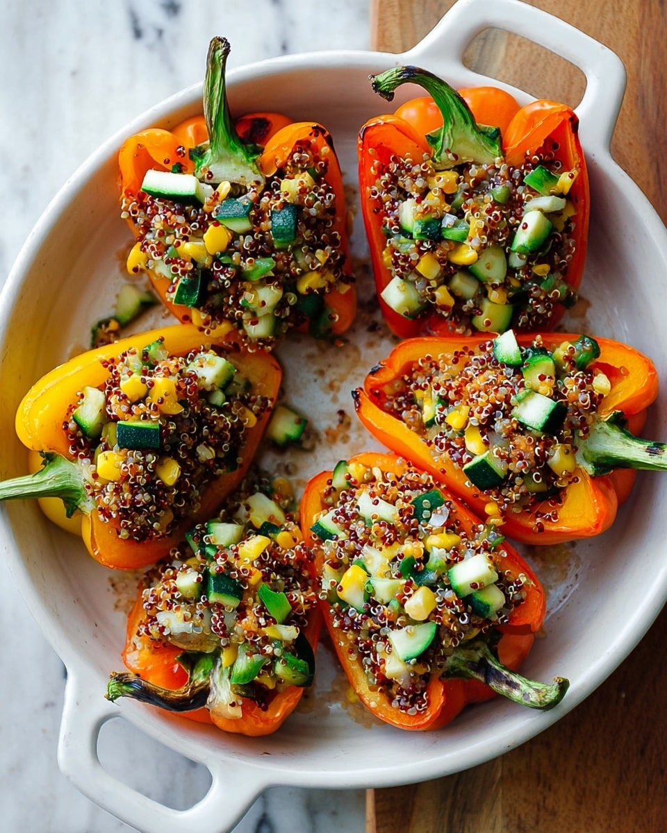 The image shows six orange mini bell peppers cut in half lengthwise and filled with a colorful mixture. Each pepper half is filled with small green zucchini pieces, bright yellow corn kernels, red quinoa, chopped tomatoes, and small bits of white onion, creating a textured and vibrant mix. The peppers are arranged in a round white dish with two handles, placed on a wood surface replaced by a white marbled texture. The stems of the peppers are attached, some showing grill marks. The overall look is fresh, healthy, and colorful. photo taken with an iphone --ar 4:5 --v 7