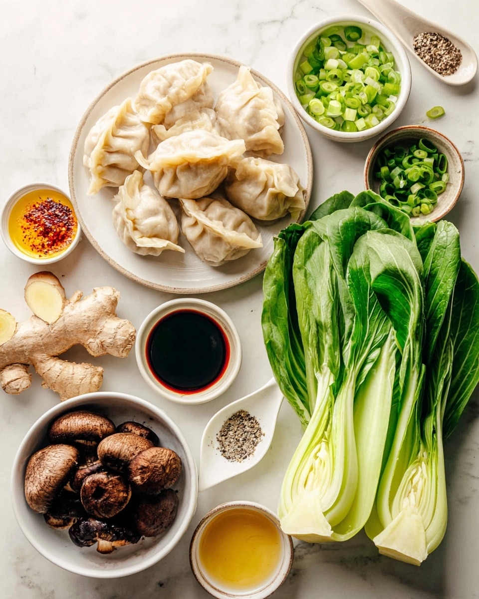 A group of ingredients are arranged on a white marbled surface, with a plate of dumplings stacked in the center showing light beige, slightly wrinkled dough. To the right are two fresh bok choy heads with shiny, bright green leaves and pale green stalks. Above the dumplings is a small bowl filled with chopped green onions with vibrant green tops and white bottoms. Below the dumplings is a bowl with dark brown shiitake mushrooms, showing their rounded caps and lighter stems. On the left side, a white plate holds a piece of fresh ginger with its knobby, light brown skin, and several garlic cloves with smooth, pale off-white skin. Around it are small bowls of dark soy sauce, golden yellow honey, and light amber oil, plus a white spoon with black pepper. The scene is clean and bright. photo taken with an iphone --ar 4:5 --v 7