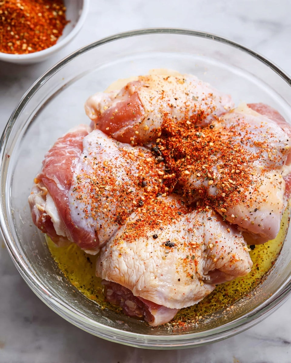 A clear glass bowl on a white marbled surface holds four raw chicken pieces with skin, lightly drizzled with olive oil and sprinkled with coarse black pepper and bright red-orange spices on top of one piece. A white bowl with more of the red spice mix is partly visible in the top left corner. The textures show the soft raw chicken skin, the oily sheen, and the dry powder of the spices. The photo taken with an iphone --ar 4:5 --v 7