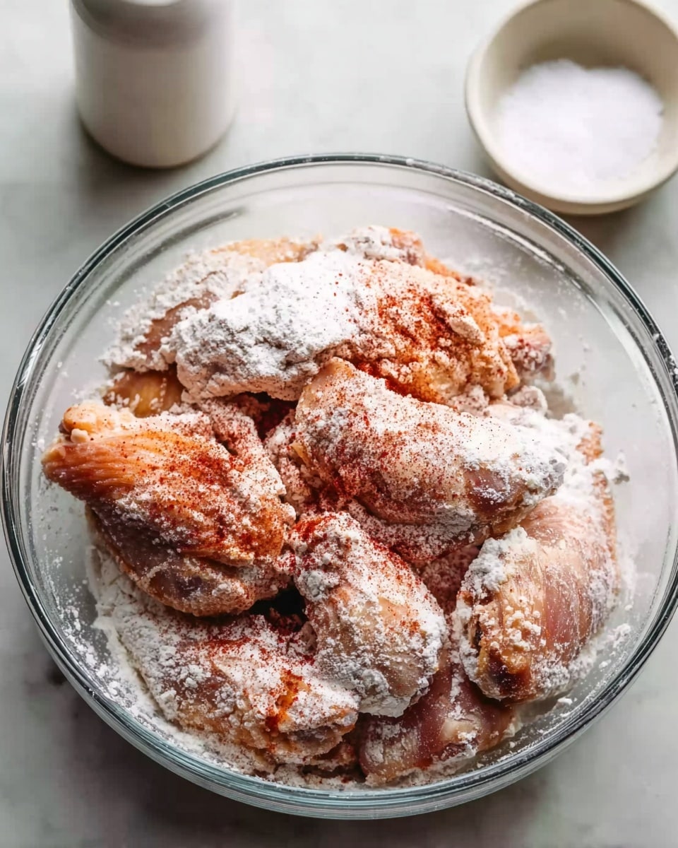 A clear glass bowl filled with raw chicken pieces, each covered with a layer of white flour and a sprinkle of deep red seasoning on top. The chicken is unevenly coated, showing some patches of skin and flesh beneath the flour. Around the bowl are a small white ceramic bowl of white salt and part of a white container. The whole setup is placed on a white marbled textured surface. photo taken with an iphone --ar 4:5 --v 7