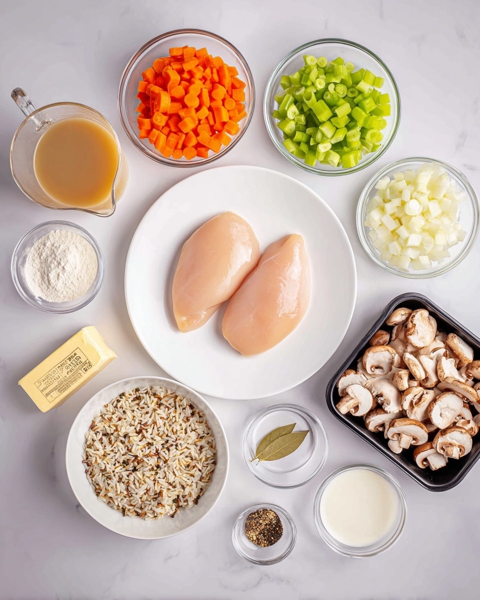 The image shows an overhead view of raw ingredients arranged neatly on a white marbled surface. At the center, there is a white plate with three smooth, pale pink chicken fillets. Surrounding it are small glass bowls containing different chopped vegetables: bright green celery pieces at the top right, diced orange carrots below that, and white chopped onions beneath the carrots. To the right of the chicken is a black container filled with sliced brown mushrooms. Below the chicken, a small white bowl holds a mix of wild and white rice. To the left, there is a clear glass jug with a light brown broth, a small glass bowl of white flour, a glass filled with a creamy white liquid, and a white plate containing a mix of spices including salt, black pepper, cumin seeds, and two bay leaves. On the top left corner, a stick of butter in yellow wrapping is placed. The overall scene is clean and well-lit, showing all ingredients clearly with soft shadows. photo taken with an iphone --ar 4:5 --v 7