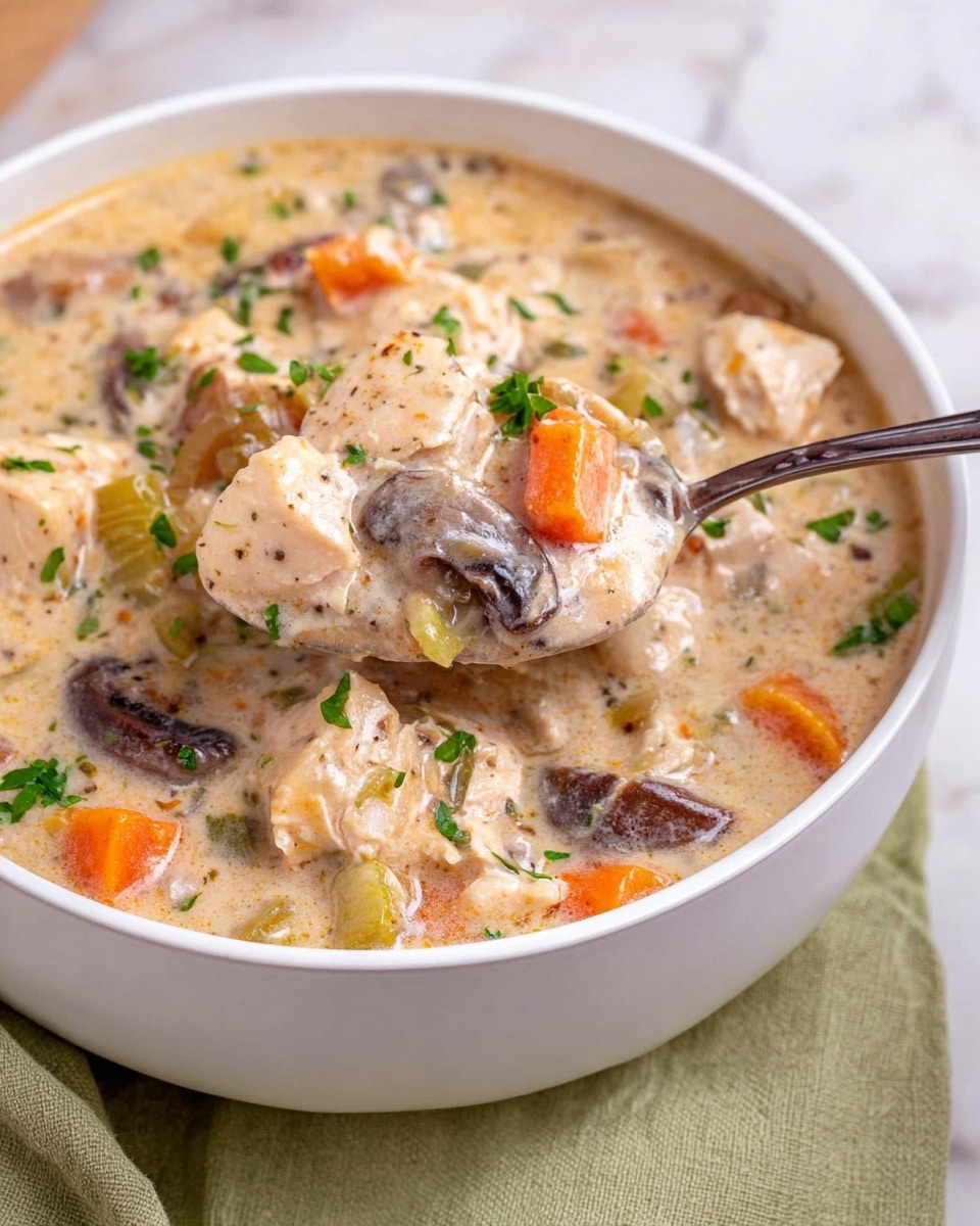 A white bowl filled with creamy chicken soup shows many layers where the base cream sauce is light beige and smooth. Inside the soup, chunks of white chicken pieces are mixed with soft orange carrot cubes, green celery pieces, and brown mushroom slices, creating a rich, colorful texture. Small bits of green herbs are sprinkled on top and inside, adding freshness to the warm dish. A silver spoon holds a close-up of the soup, showing all the ingredients well blended and thick in texture. The bowl sits on a light green cloth, and the background is a white marbled texture photo taken with an iphone --ar 4:5 --v 7