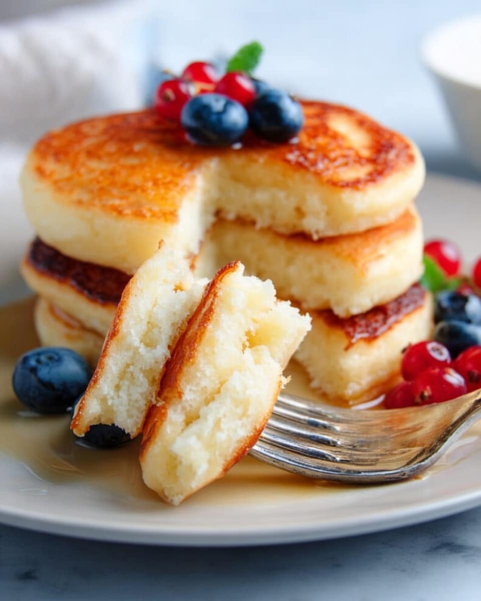 A close-up of three thick golden pancakes stacked on a white plate, with the top pancake broken in half, showing its soft, fluffy inside texture. The pancakes have a light brown, slightly crispy surface. Blueberries and small red berries garnish the plate, adding pops of deep blue and bright red color. A woman's hand holds a fork lifting a piece of pancake with the white marbled surface beneath the plate in the background. photo taken with an iphone --ar 4:5 --v 7
