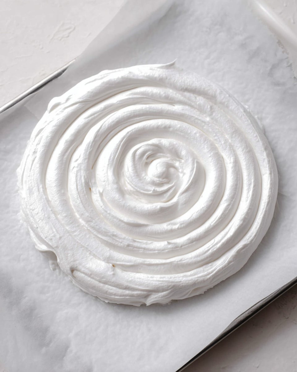 A white circular spiral layer of whipped cream or meringue is placed on white parchment paper that lines a metal baking tray. The spiral starts from a small center and widens outward smoothly, with a soft and fluffy texture visible. The background surface is a clean white marbled texture, and a white piping bag is partially visible near the top of the image. photo taken with an iphone --ar 4:5 --v 7