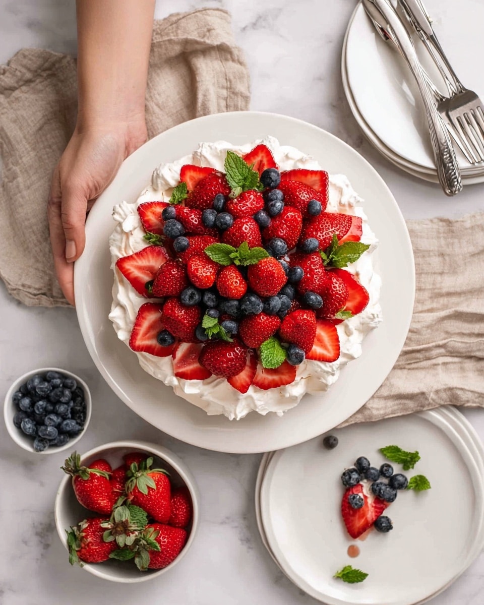 A white plate holds a round dessert with three clear layers: a base of whipped cream forming soft peaks around the edge, a middle layer of bright red halved strawberries arranged in a circle pointing outwards, and a top layer piled high with whole strawberries and dark blue blueberries mixed evenly, garnished with fresh green mint leaves scattered on top. Nearby, small white bowls hold more strawberries and blueberries on a white marbled surface, along with two stacked white plates with two shiny silver forks on top. A woman’s hand rests near the dessert holding a beige cloth. photo taken with an iphone --ar 4:5 --v 7
