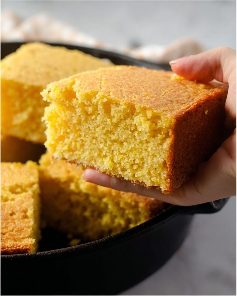 A close-up image shows a woman's hand holding a square piece of golden cornbread with a soft, crumbly texture. The cornbread has three visible layers: a slightly darker, firm crust on the outside, a moist and fluffy bright yellow middle, and a light golden top layer. The cornbread piece is held above a black pan with more cornbread pieces in the background on a white marbled surface. The lighting highlights the texture of the cornbread, making it look warm and fresh. Photo taken with an iphone --ar 4:5 --v 7