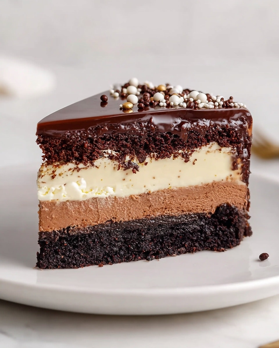 A slice of chocolate layer cake sits on a white plate against a white marbled surface. The cake has five layers: a dark chocolate crumb bottom layer, followed by a smooth chocolate mousse layer of medium brown, topped by a creamy off-white layer. Above this is another thick dark chocolate cake layer with a slightly crumbly texture, finished with a shiny milk chocolate glaze on top, sprinkled with small round chocolate and white candy pieces, and chocolate sprinkles on the right side. Photo taken with an iphone --ar 4:5 --v 7