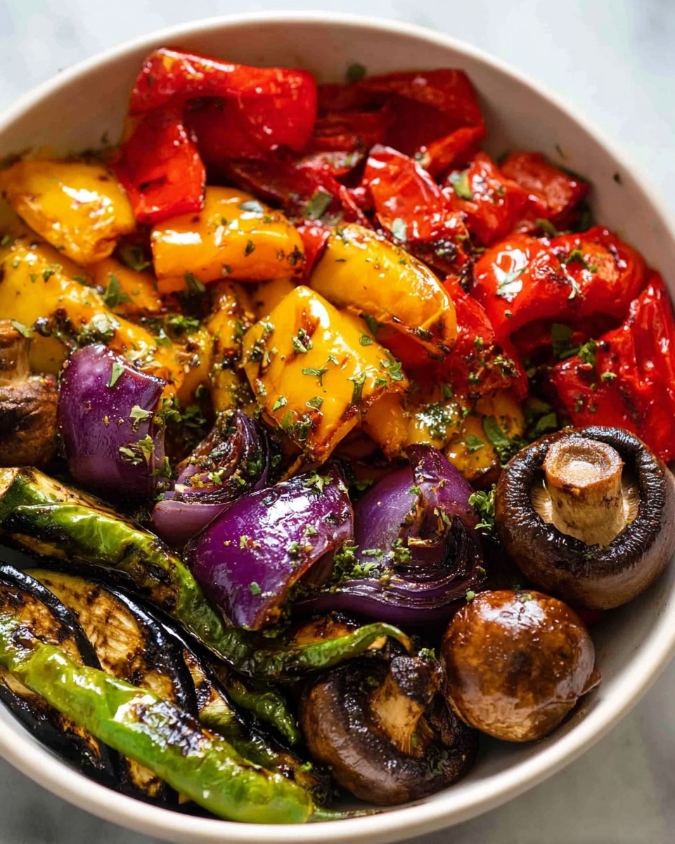 A white bowl filled with grilled vegetables arranged in a rich, colorful mix. The top layer shows shiny red and yellow bell pepper pieces with light charring and sprinkled green herbs. Next, there are whole brown mushrooms with a glossy finish, partially covered by slices of purple-red onion. The bottom layer contains dark grill-marked eggplant slices and green chili peppers, all resting on a white marbled surface. The vegetables have a slightly oily texture and bits of seasoning spread unevenly photo taken with an iphone --ar 4:5 --v 7