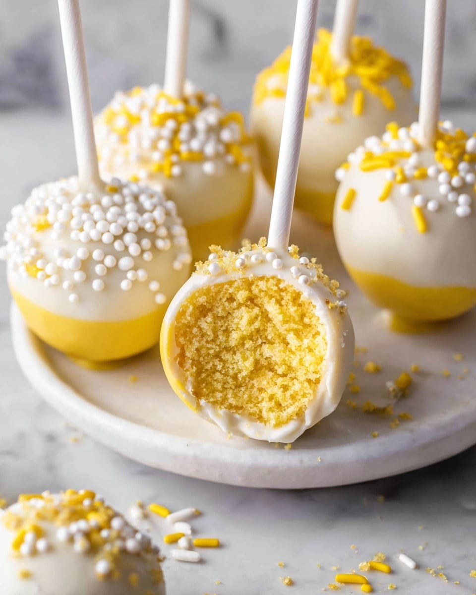 The image shows round cake pops on white sticks arranged on a white plate with a white marbled surface underneath. Each cake pop has two layers: a smooth outer coating in white or light yellow with a shiny, glossy texture, decorated with small round white sugar pearls and long yellow sprinkles, and a dense, yellow cake interior visible in one cake pop with a bite taken out of it. Some yellow and white sprinkles are scattered around the plate, adding a playful touch. photo taken with an iphone --ar 4:5 --v 7