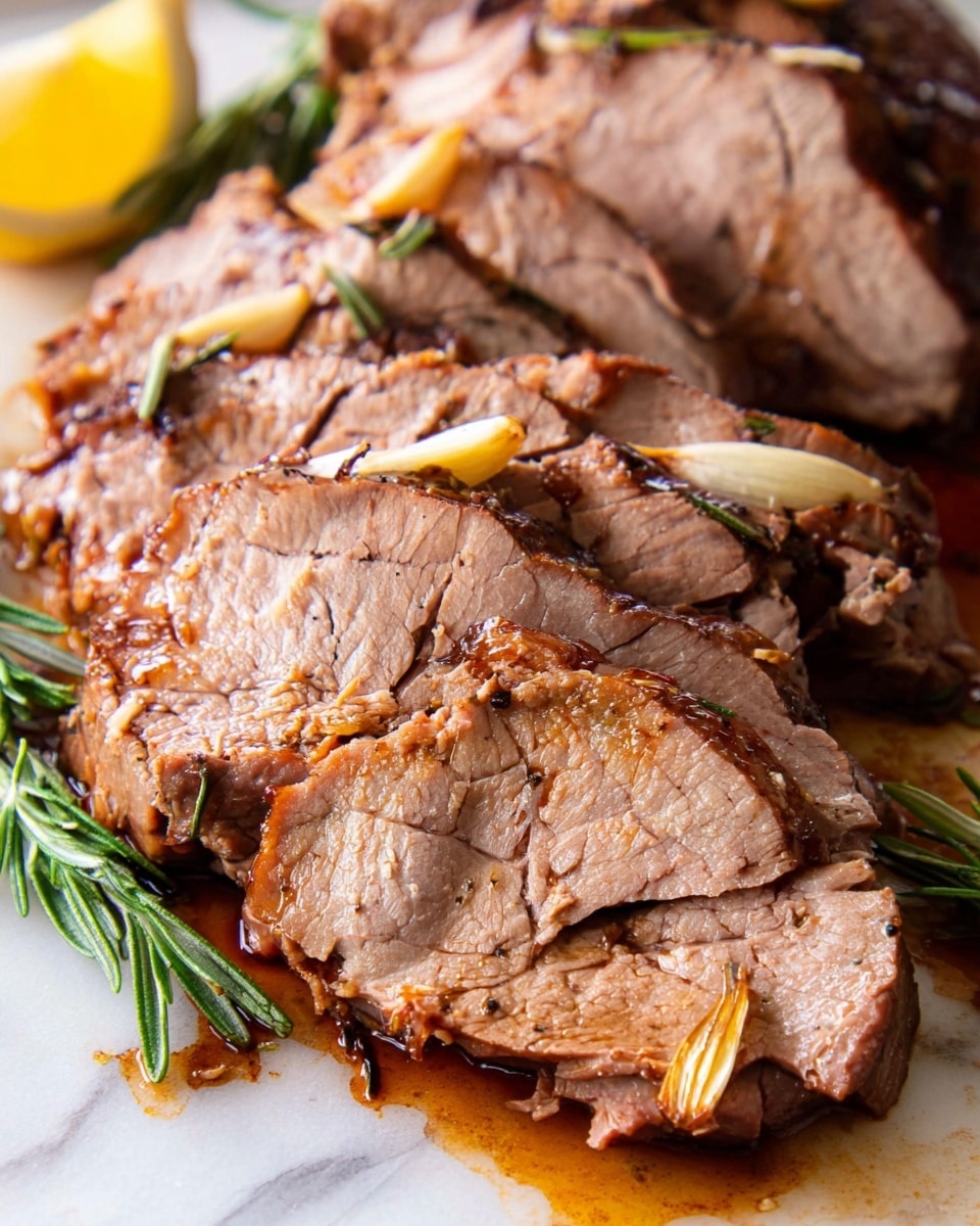 The image shows several slices of cooked meat stacked closely together on a white marbled surface. The meat has a light to medium brown color with visible texture and grain, showing some areas of slight pinkish tone inside. Thin pieces of garlic and a few sprigs of rosemary are scattered on and around the meat. A small lemon wedge is placed in the upper left corner, adding a pop of yellow color. The surface underneath has some brown juices from the meat, enhancing the rich, cooked look. Photo taken with an iphone --ar 4:5 --v 7