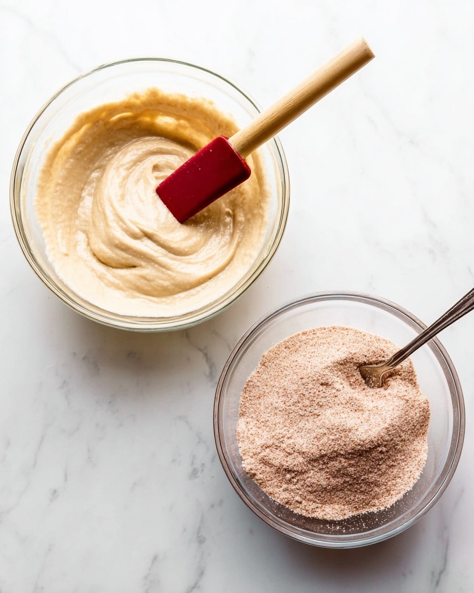 The image shows two clear glass bowls on a white marbled surface. The left bowl contains a thick, pale beige batter with a smooth and creamy texture; a red spatula with a wooden handle rests inside, stirring the mixture. The right bowl holds a dry, finely ground mixture with light brown and sandy pink tones, and a silver spoon is placed inside, partially submerged in the powder. Both bowls have a clean, simple look with ingredients clearly visible through the glass. Photo taken with an iphone --ar 4:5 --v 7
