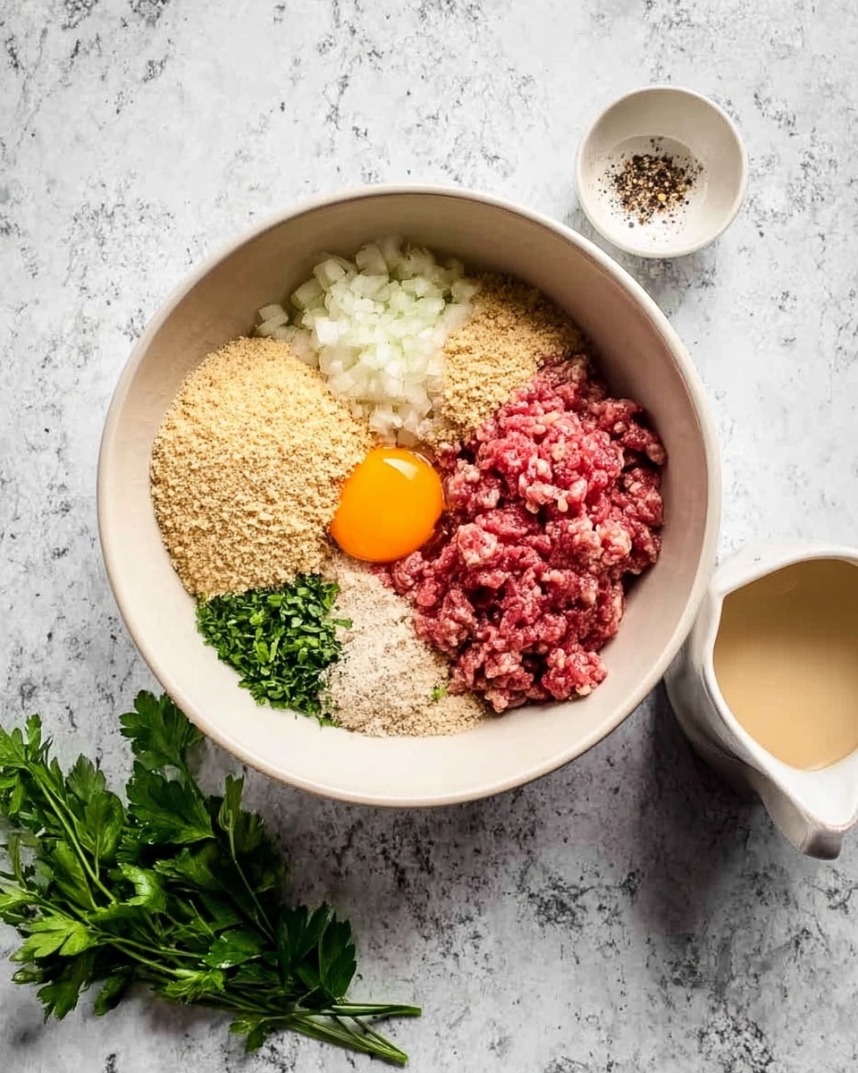 A white bowl sits on a white marbled surface, filled with layers of ingredients: finely chopped white onions on the left, beige breadcrumbs on the top left, light brown minced garlic on the top right, raw red ground meat in the center with an orange egg yolk beside it, small fresh green herbs near the bottom, and sprinkled white salt and black pepper near the top center. To the right of the bowl is a small white pitcher holding a light cream-colored liquid, and fresh green herbs rest on the lower left corner of the surface. Photo taken with an iphone --ar 4:5 --v 7