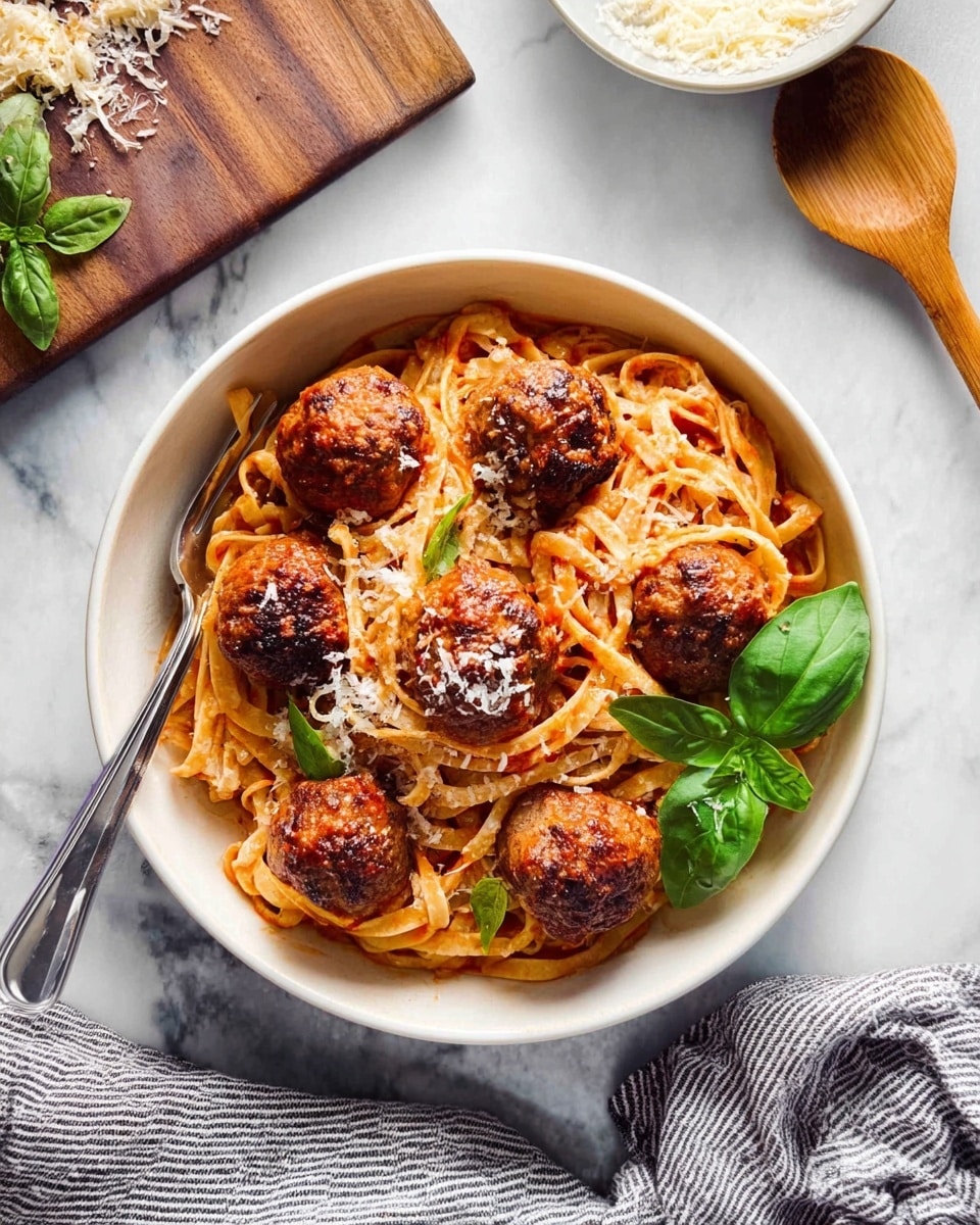 A white bowl filled with a base layer of pale orange-red pasta noodles mixed with small bits of sauce, topped with five browned meatballs arranged evenly across the noodles. A sprinkle of grated white cheese is scattered over the pasta and meatballs. On the right side of the bowl, three fresh green basil leaves rest on top. A silver fork is placed on the left edge of the bowl. The bowl sits on a white marbled surface with a wooden board and a small white bowl containing more grated cheese and a wooden spoon nearby. A striped grey and white cloth is partially visible on the bottom right. Photo taken with an iphone --ar 4:5 --v 7