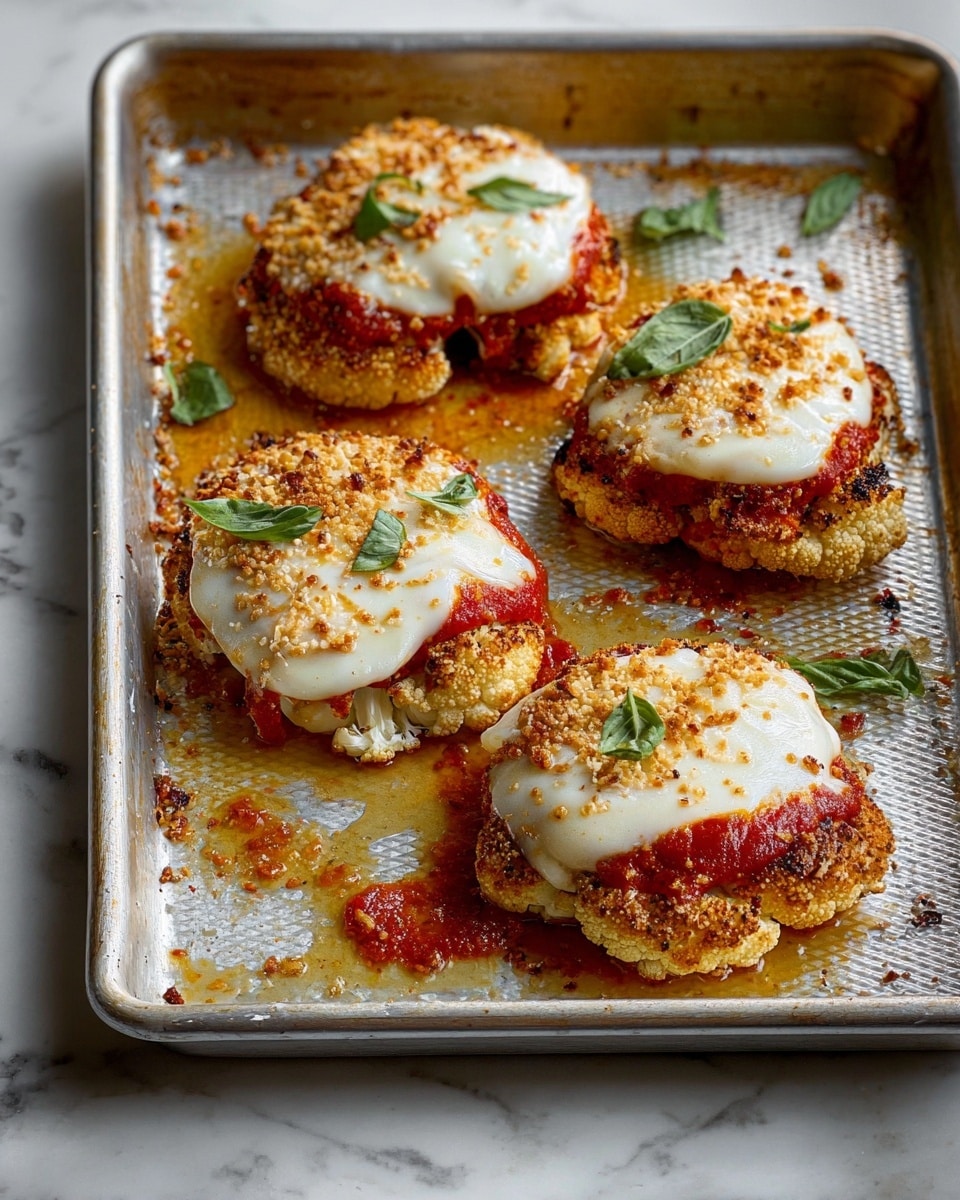 On a silver baking tray with a textured bottom, there are five layered roasted cauliflower slices each topped with three layers: a base layer of golden-brown roasted cauliflower, a middle layer of rich red tomato sauce, and a top layer of melted white cheese speckled with golden crispy crumbs. Scattered fresh green basil leaves add a pop of color on and around the cauliflower. The tray sits on a white marbled surface, with some melted cheese and sauce spilled around, creating a warm, inviting look. photo taken with an iphone --ar 4:5 --v 7