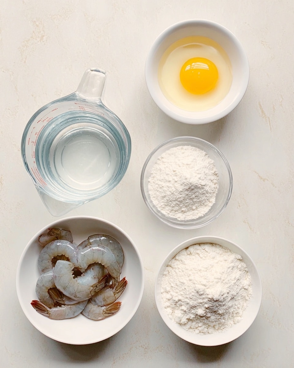 The image shows five items arranged on a white marbled surface. There is a clear glass measuring cup filled with water at the bottom left. Above it is a small clear glass bowl with white powder. To the right of the glass bowl is a white bowl with a raw egg inside, showing a visible yellow yolk and clear egg white. Below the egg bowl is another white bowl filled with several raw, peeled shrimp that are gray with pinkish tails. At the bottom right is a white bowl with a mound of white flour. All the bowls and cups have simple smooth textures and are neatly arranged. Photo taken with an iphone --ar 4:5 --v 7