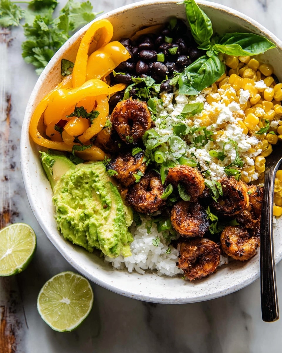 A white bowl filled with layers starting with white rice at the bottom, topped with grilled yellow mini bell peppers on one side and black beans next to them. Next to the beans, there are slices of bright green avocado sprinkled with chopped green onions. In the center, there is a pile of dark brown grilled shrimp with a slightly spicy look, also topped with chopped green onions. On the right side of the bowl, there is grilled yellow corn mixed with white crumbled cheese and green cilantro leaves. A few fresh green basil leaves rest near a black spoon inside the bowl. A halved lime with a juicy texture is placed on the edge of the bowl. The bowl sits on a white marbled surface. photo taken with an iphone --ar 4:5 --v 7