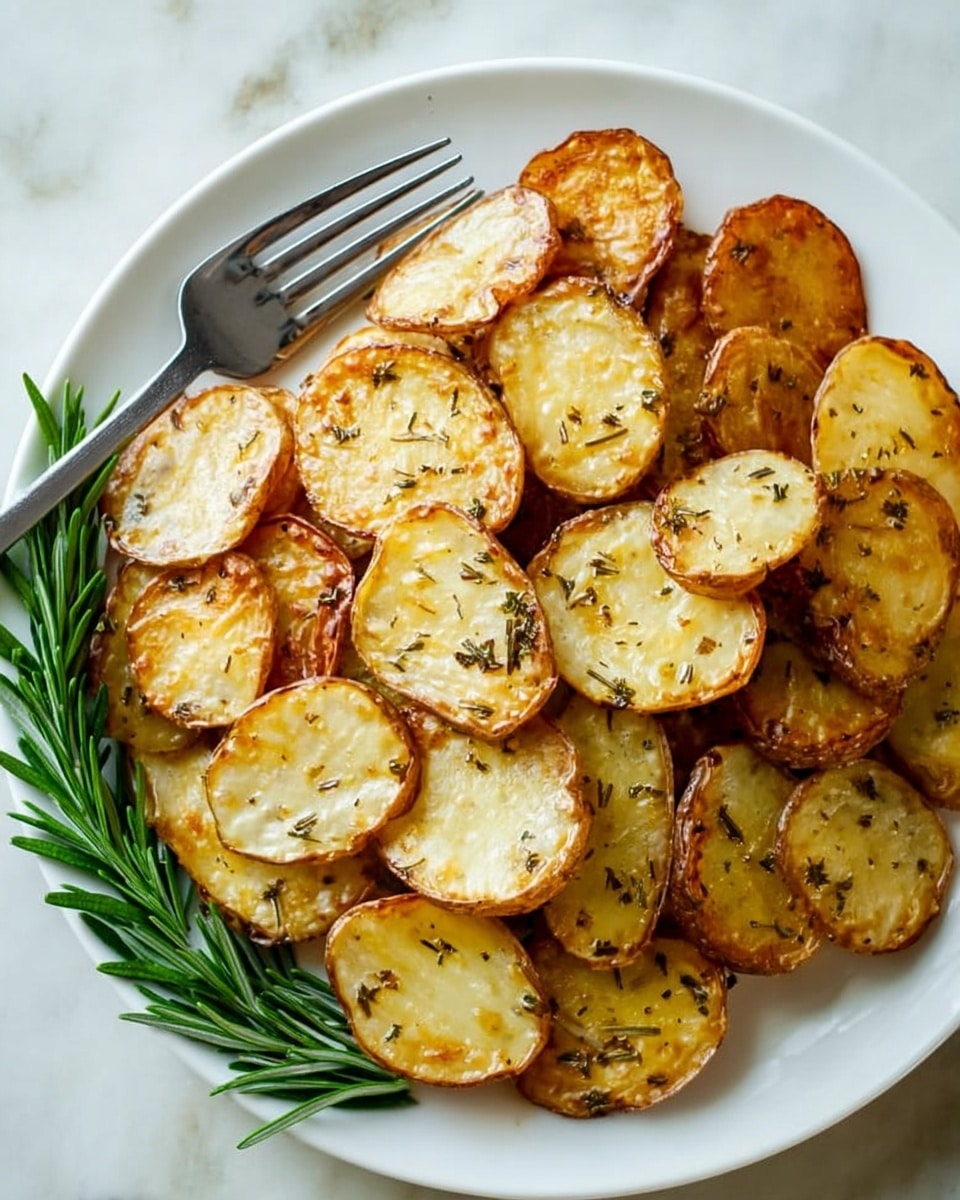 The image shows a white round plate filled with one layer of roasted potato slices. The potatoes have a golden brown skin and a soft, light yellow inside with some herbs sprinkled on top, adding texture and small greenish-brown specks. There is a sprig of fresh green rosemary placed on the bottom left side of the plate, and a silver fork rests on the top left side, slightly touching the potatoes. The plate sits on a white marbled surface. Photo taken with an iphone --ar 4:5 --v 7