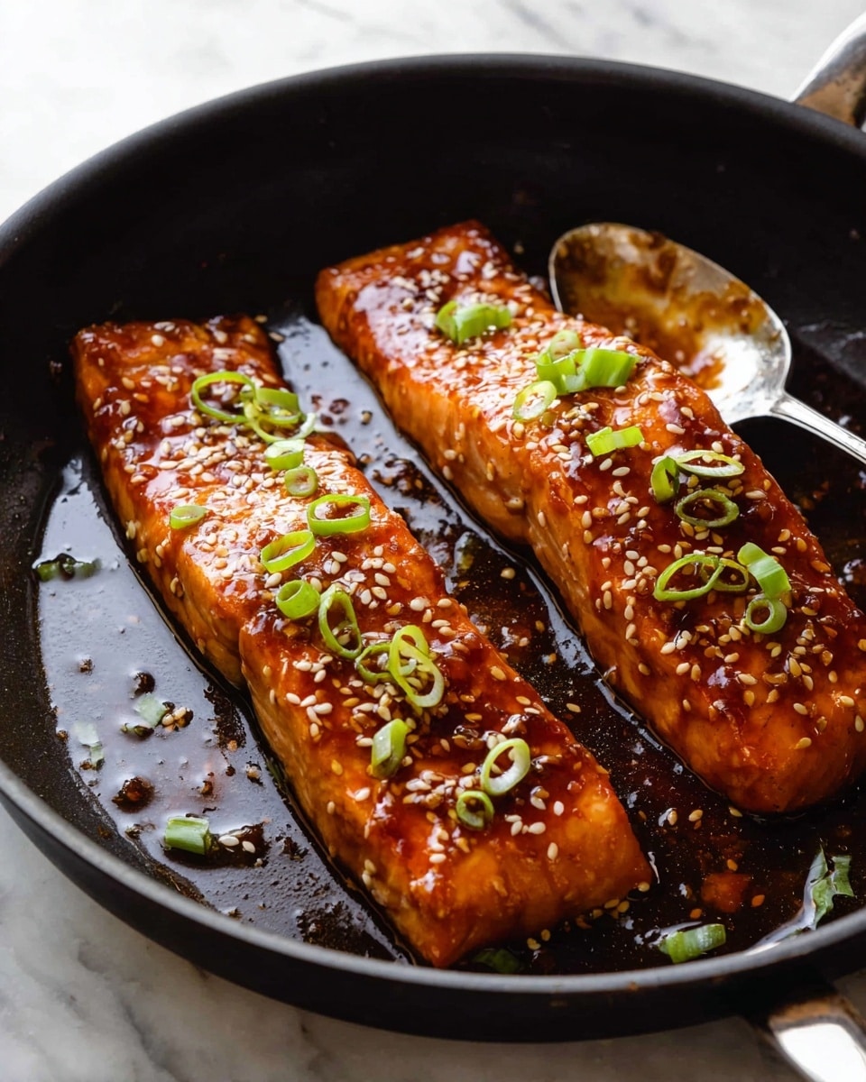 Two cooked salmon fillets are placed side by side in a black pan on a white marbled surface. Each fillet is covered in a shiny, brown glaze that looks sticky and rich. The fillets are sprinkled evenly with small white sesame seeds and thin rings of fresh green onion scattered on top. A silver spoon rests in the pan next to the front fillet, with some of the brown glaze sauce on it. The scene is close-up, showing the texture of the cooked fish and the sauce’s shine clearly. Photo taken with an iphone --ar 4:5 --v 7