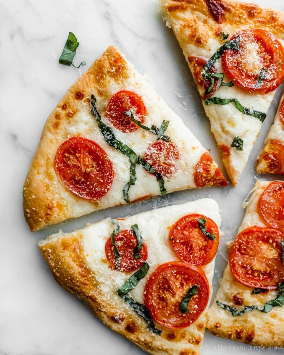 Four slices of pizza are placed on a white marbled surface, each slice showing a golden crust with a soft, slightly puffed edge. The pizza has a smooth layer of melted white cheese covering most of the surface, topped with round, bright red tomato slices that have a juicy, slightly roasted texture. Scattered small dark green basil leaves are spread on top, adding fresh color. A light sprinkling of grated cheese is visible on the tomatoes and crust. The scene is clean and simple, with a close-up view focusing on the details of the pizza’s colors and textures photo taken with an iphone --ar 4:5 --v 7
