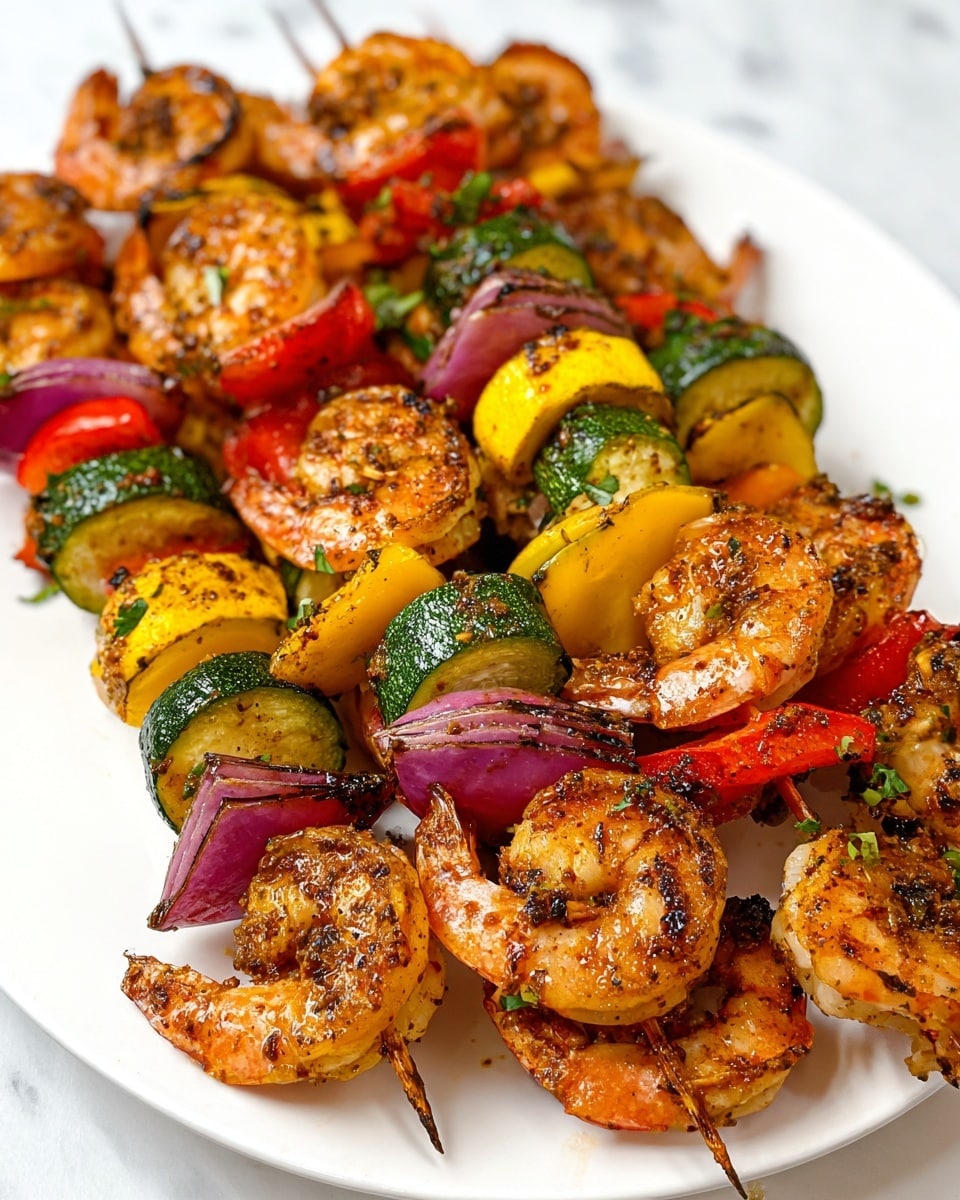 The image shows grilled shrimp and vegetable skewers on a white plate placed on a white marbled surface. The skewers have layers starting with orange shrimp that are seasoned and slightly charred. Between the shrimp, there are thick slices of red bell pepper, red onion, green zucchini, and yellow squash, all showing slight grill marks and a glossy texture. The vibrant colors of the vegetables contrast nicely with the golden-brown shrimp, arranged close together on the skewers for a full, tasty look. Photo taken with an iphone --ar 4:5 --v 7
