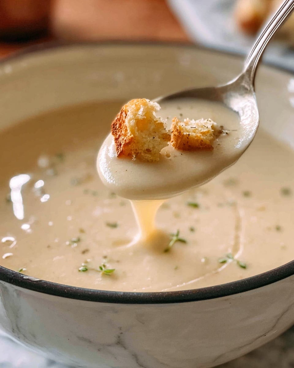 A close-up view of a thick, creamy, pale beige soup with a smooth texture being lifted by a spoon. The spoon holds some soup with small light brown croutons and tiny green herb pieces floating on top. The soup is in a white bowl with a soft, shiny surface beneath it, showing light reflections from the liquid. The background includes a white marbled texture and soft, warm tones. Photo taken with an iphone --ar 4:5 --v 7
