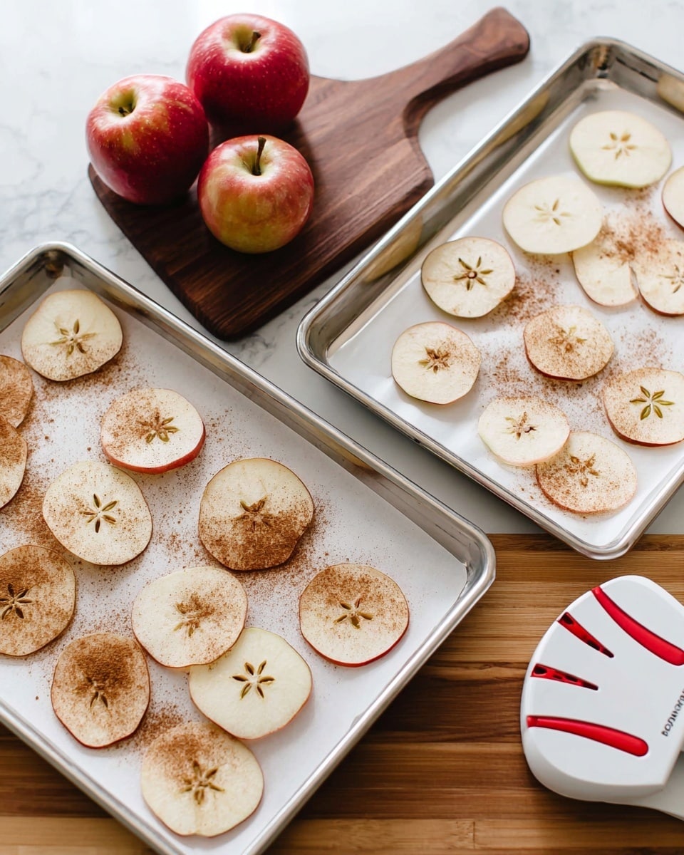 The image shows thin apple slices arranged on two metal trays lined with white parchment paper. Each slice is light cream with red edges and visible star-shaped apple seeds in the center. A light sprinkle of brown cinnamon powder covers the top layer of apple slices. Next to the trays, two whole red apples and a white apple slicer with red accents are placed on a dark wooden board. The scene is set on a white marbled texture surface. photo taken with an iphone --ar 4:5 --v 7