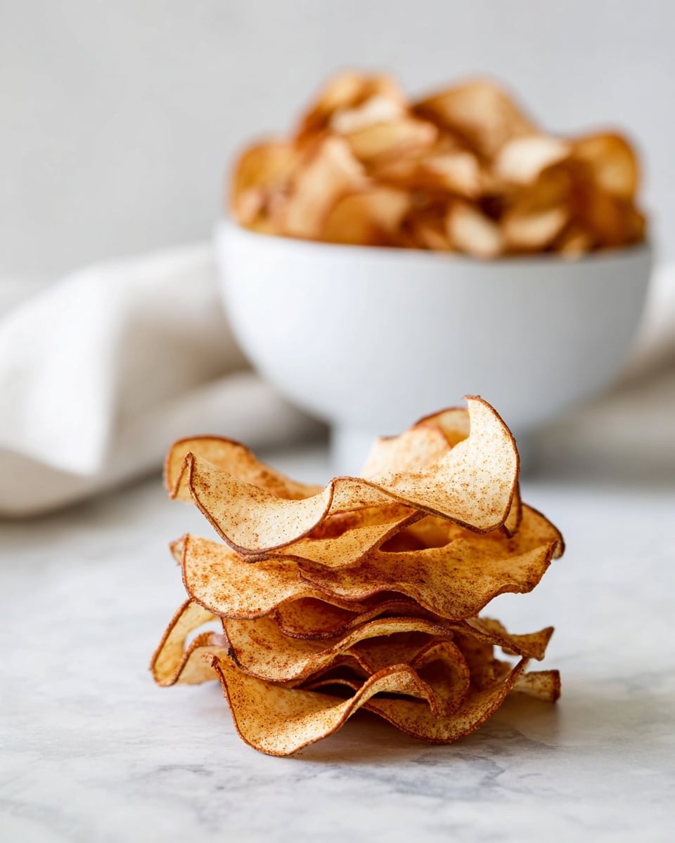 A stack of thin, curled apple chips with a light brown color and sprinkled with cinnamon is placed in the center on a white marbled surface. The apple chips are arranged in several rough layers, each chip curling and showing a slightly darker edge. In the background, slightly out of focus, is a plain white bowl filled with more apple chips. A soft white cloth is draped casually behind the bowl, adding texture to the light and clean setting. The photo taken with an iphone --ar 4:5 --v 7