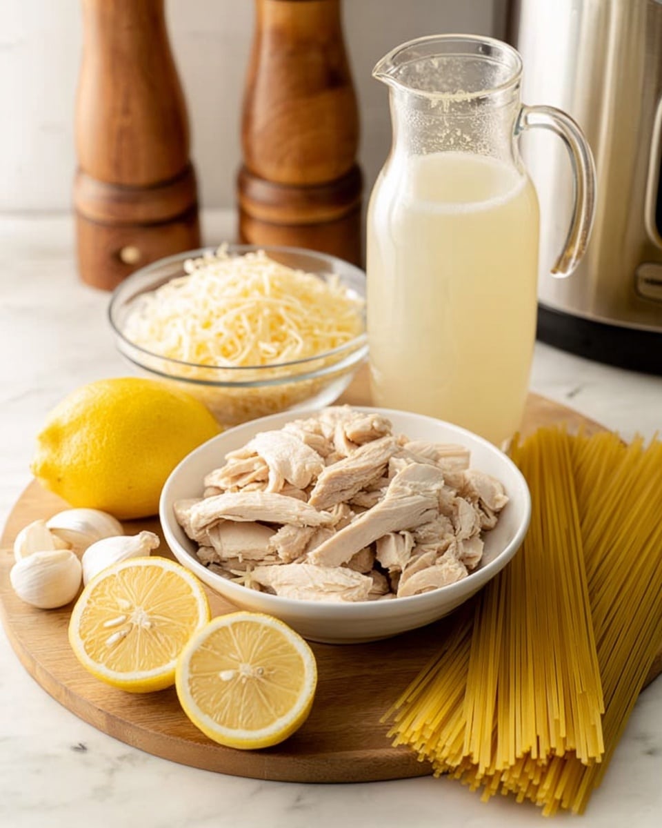 The image shows ingredients arranged on a wooden board over a white marbled surface. There is a white bowl in the center filled with sliced cooked chicken pieces that are light beige with some texture. To the left of the bowl are two lemon halves, yellow with a shiny, juicy inside, and two garlic cloves, off-white and smooth. Next to the lemons is a glass bowl filled with shredded pale yellow cheese. On the right side, there is a group of uncooked long yellow spaghetti noodles laid flat, and behind them is a clear glass measuring cup filled with a light yellow liquid. A tall glass bottle filled with milk is placed behind the bowl with chicken. In the background, slightly blurred, are two wooden pepper grinders and a stainless steel kitchen appliance. The whole scene is bright and neatly arranged. photo taken with an iphone --ar 4:5 --v 7
