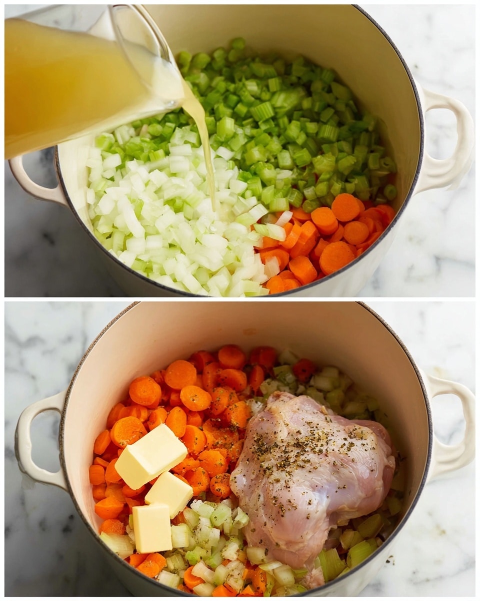 In the first image, a white pot holds three layers of raw chopped vegetables arranged separately: chopped celery in bright green on the top left, finely diced white onions on the top right, and thick orange carrot slices at the bottom left, with two small blocks of pale yellow butter placed near the middle; the pot sits on a white marbled surface. In the second image, the same pot now contains diced carrots, celery, and onions mixed together with visible black pepper seasoning, a large raw pale pink chicken piece resting on top of the vegetables on the right side, and a light yellow liquid being poured into the pot from a glass container on the left; the pot remains on the white marbled surface. Photo taken with an iphone --ar 4:5 --v 7