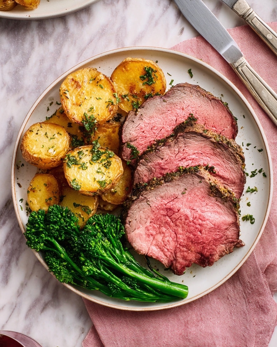The dish shows a white oval plate on a white marbled surface, holding a seasoned, roasted beef tenderloin with a brown crust and some herbs. On the left side of the beef, there are green broccolini stalks with small florets and a slightly shiny texture. The beef is both whole and sliced into six thick pieces, revealing a pink, tender interior with a juicy look. Around the plate, there are sprigs of fresh rosemary adding green color and texture. In the background, a part of a white plate with golden roasted potatoes is visible. Photo taken with an iphone --ar 4:5 --v 7