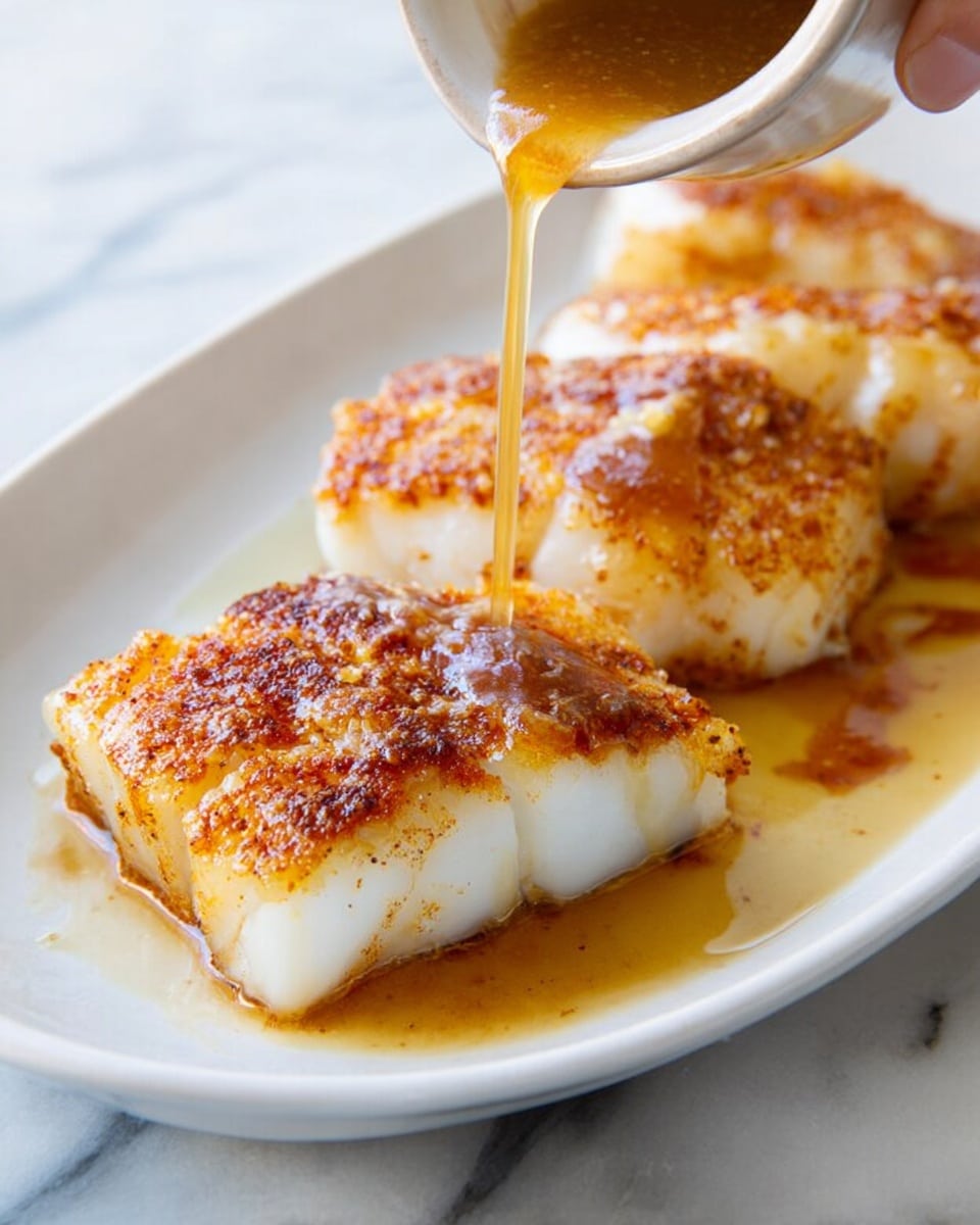 A white oval plate holds three pieces of golden brown cooked fish with a crispy, seasoned crust on top and tender white flesh underneath. In the foreground, a woman's hand pours a warm, glossy light brown sauce over the center piece, creating a shiny texture on the fish. The background is a white marbled surface, adding a clean and bright feel to the image. photo taken with an iphone --ar 4:5 --v 7