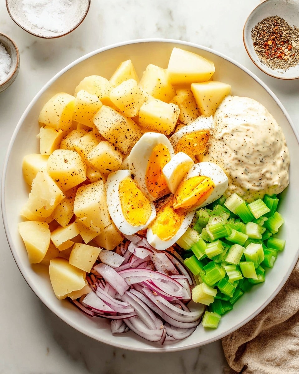 The image shows a white bowl with five main layers arranged side by side. On the left side, there are pale yellow chunks of boiled potato with a light sprinkle of black pepper on top. Next to the potatoes is a layer of thin, pale red and white slices of red onion. In the middle, there are quartered hard-boiled eggs with bright yellow yolks and white edges. To the right of the eggs, there are bright green celery pieces cut into small chunks. Finally, on the far right, there is a dollop of creamy mayonnaise mixed with visible bits of egg and a sprinkle of black pepper. The bowl is placed on a white marbled surface with small dishes of salt and pepper visible in the background. Photo taken with an iphone --ar 4:5 --v 7