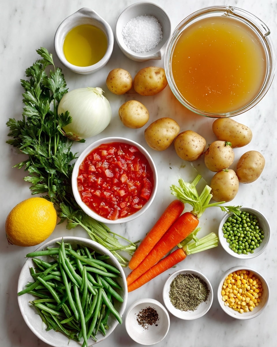 The image shows various fresh ingredients spread on a white marbled surface. There is a large clear glass container filled with golden-colored broth in the upper right. To its left are two small white bowls, one with olive oil and the other with salt. Below them is a white bowl filled with red chopped tomatoes. To the left center is a white bowl of fresh green beans. Several whole vegetables lie around: a whole onion near the center, four light brown potatoes, a small bunch of bright orange carrots on the right, a few sticks of celery near the carrots, a bunch of fresh parsley on the lower left, a lemon next to the celery, and a garlic bulb close to the parsley. There are also small white bowls with split yellow peas and green peas. Near the potatoes are two small white bowls, one with black pepper and the other with bay leaves. The photo taken with an iphone --ar 4:5 --v 7