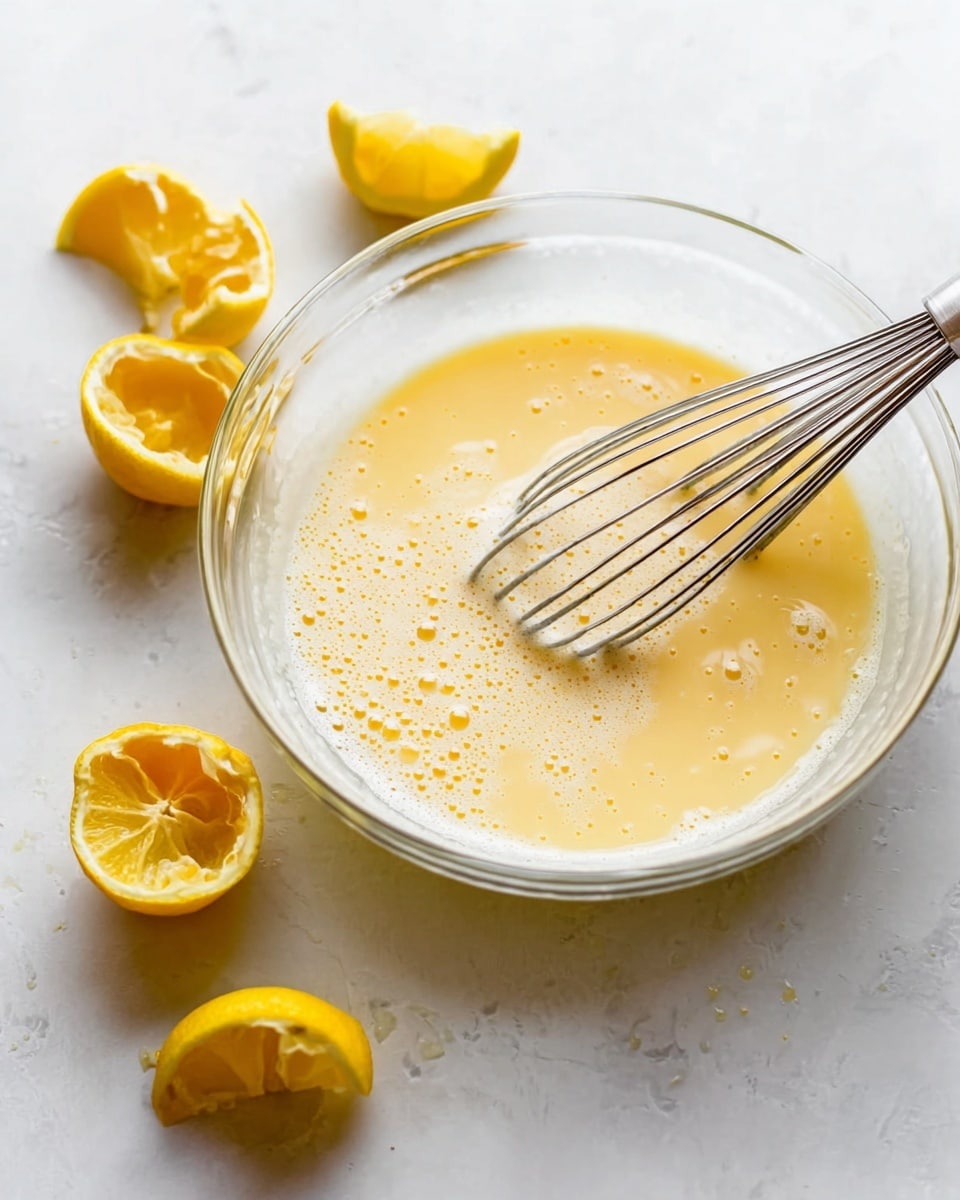 A clear glass bowl filled with a light yellow mixture with small bubbles on the surface sits on a white marbled table. A silver metal whisk is inside the bowl on the right side, partially mixing the liquid. Around the bowl, several halved and squeezed lemon halves with bright yellow skin are scattered casually. The overall scene has soft natural light coming from the top left corner, highlighting the smooth texture of the mixture and the fresh look of the lemons. photo taken with an iphone --ar 4:5 --v 7