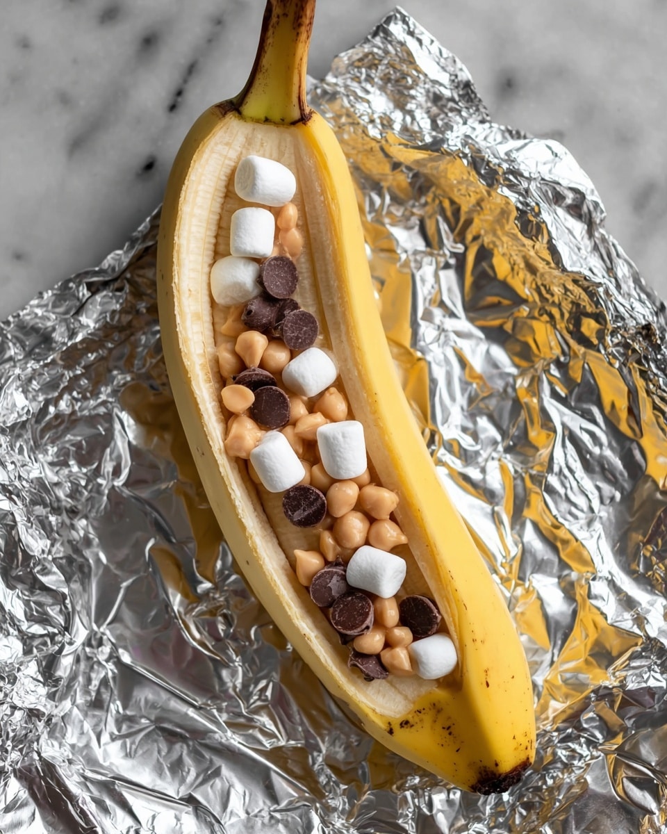 A ripe banana is split open lengthwise, revealing three layers inside: small white marshmallows, light brown peanut butter chips, and dark chocolate chunks mixed evenly. The banana rests on crumpled shiny silver foil that covers a white marbled surface, and the top part of the banana peel is slightly peeled back. photo taken with an iphone --ar 4:5 --v 7