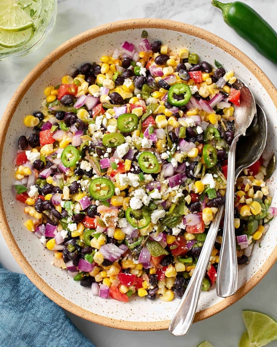 A colorful salad is shown from above in a large white speckled bowl with a tan rim. The salad has many layers mixed together, including yellow corn kernels, black beans, small red bell pepper pieces, green jalapeño slices, diced purple onions, green diced jalapeños, and green pumpkin seeds. White crumbly cheese is sprinkled on top. Two shiny silver spoons rest on the right side inside the bowl. The bowl is placed on a white marbled surface with part of a blue cloth visible in the upper right corner. A green jalapeño and a glass with a lime wedge are partially visible near the edges of the frame. photo taken with an iphone --ar 4:5 --v 7