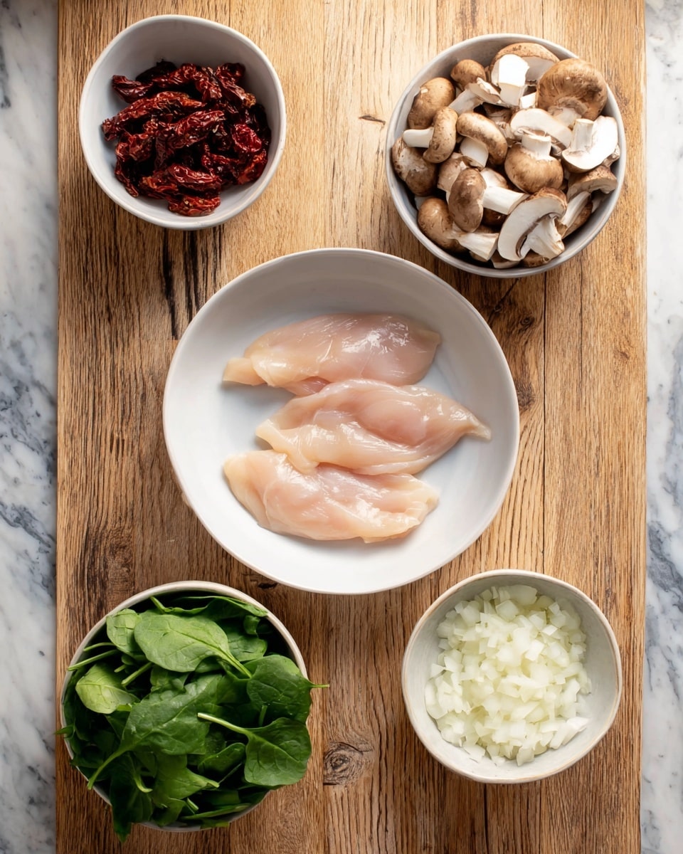 Five white bowls with different food ingredients are arranged on a white marbled surface with a wooden texture pattern. The center bowl holds three raw, pale pink chicken fillets laid flat. To the top right, a bowl is full of cut brown and white mushrooms. To the bottom right, another bowl contains finely chopped white onions. To the bottom left, a bowl is filled with fresh green spinach leaves. On the top left, a small bowl contains dark red sun-dried tomatoes. photo taken with an iphone --ar 4:5 --v 7