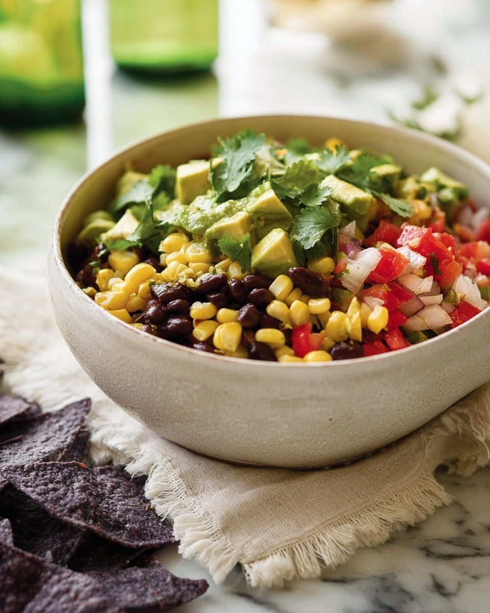 A close-up of a bowl with a colorful mixed salad, showing three main layers: the top layer with green avocado chunks and fresh cilantro leaves, the middle layer filled with yellow corn kernels and black beans, and the bottom layer featuring small red diced bell peppers and pale white onion pieces. The bowl is white ceramic with a slightly rough texture and sits on a fringed light cloth over a white marbled surface. In the background, there are blurred green bottles and scattered dark blue corn chips around the bowl. photo taken with an iphone --ar 4:5 --v 7