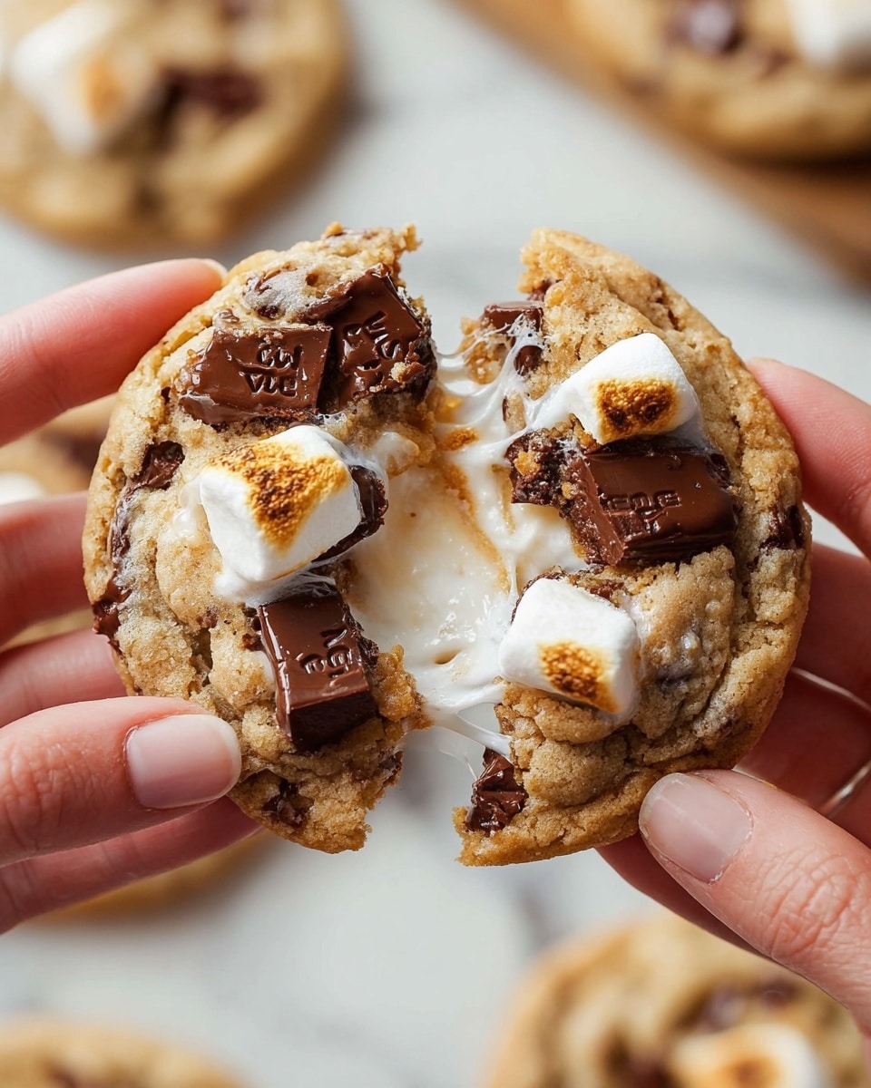 A round cookie is shown being pulled apart by two woman's hands, revealing a soft, chewy inside. The cookie is light brown with a slightly crumbly texture and has large melted chocolate pieces embedded on top, some with visible markings. There are also toasted marshmallow pieces inside, melted and stretchy, creating shiny white strands between the two halves of the cookie. The scene is set on a white marbled surface with more cookies blurred in the background. Photo taken with an iphone --ar 4:5 --v 7