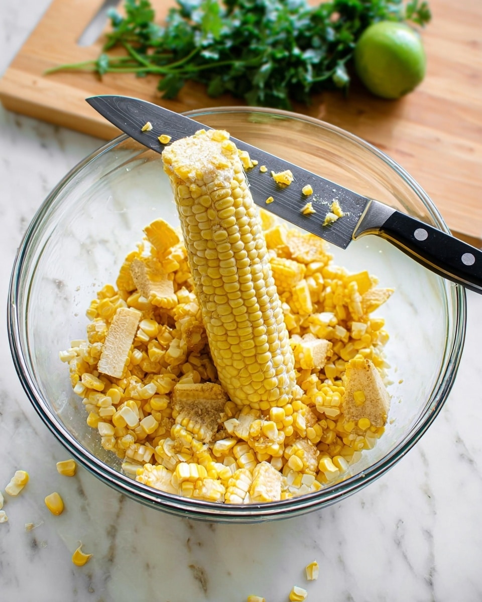 The image shows a clear glass bowl filled with yellow corn kernels and pieces of corn cob inside. A half-stripped corn cob stands upright in the center of the bowl, with some kernels still attached. A large kitchen knife with a black handle rests across the top of the bowl, holding some leftover corn kernels on the blade. In the background, on a white marbled surface, there is a bunch of green leafy herbs and a whole lime. Photo taken with an iphone --ar 4:5 --v 7